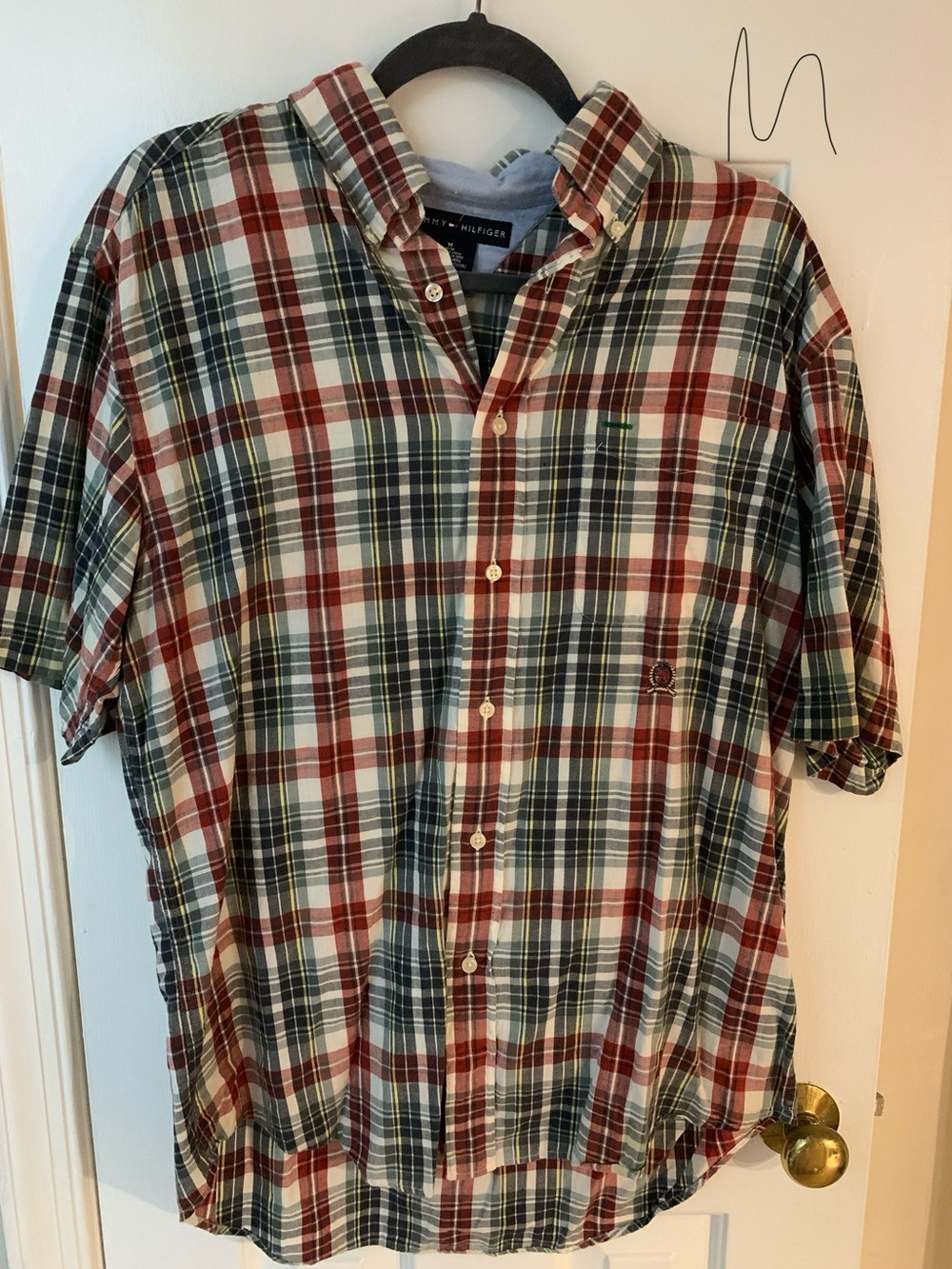 Tommy Hilfiger Red, Navy & White Plaid Short-Sleeve Button-Down Shirt